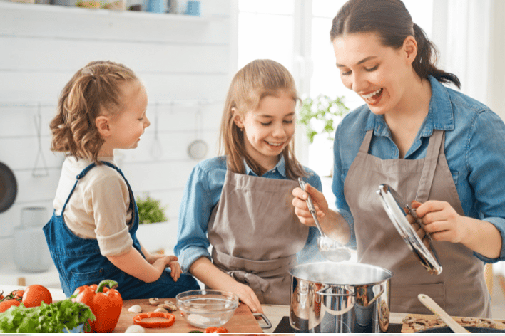 Long COVID food diet nutrition recovery Picture of a family cooking healthy food for Long COVID recovery
