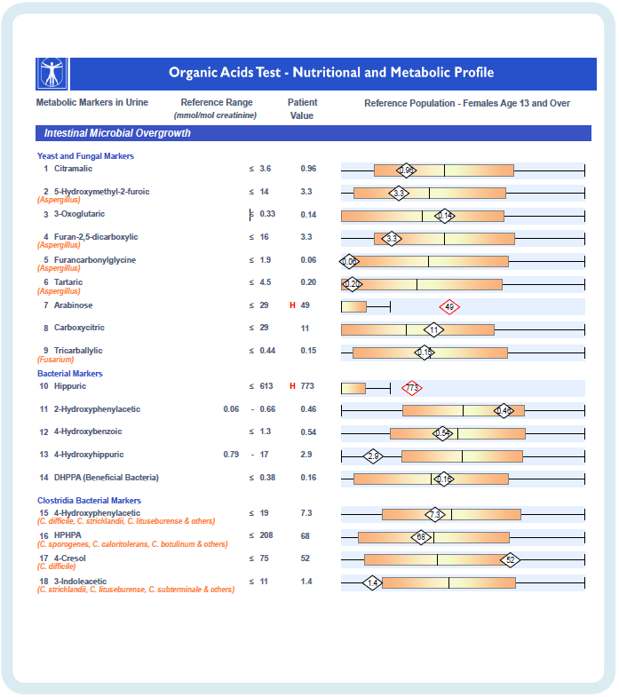 Oragnic Acid Test (OAT) results example Picture of an example of Organic Acid Test Results which we provide consultations for help with interpretation